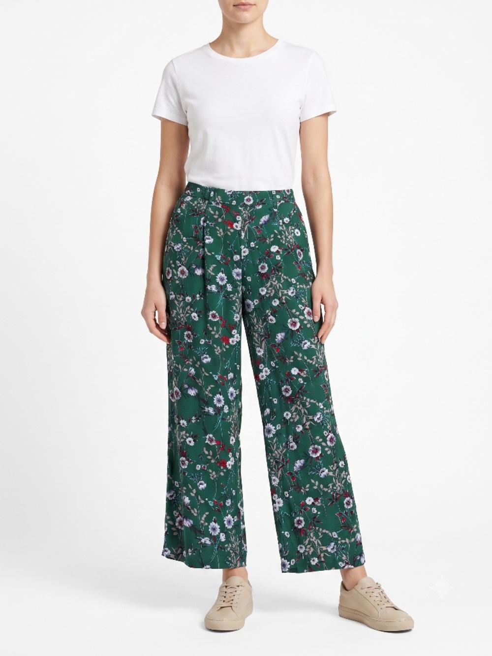 Jules & Leopold Green Floral Pants Size M Rayon Cropped Wide Leg Elastic Waist